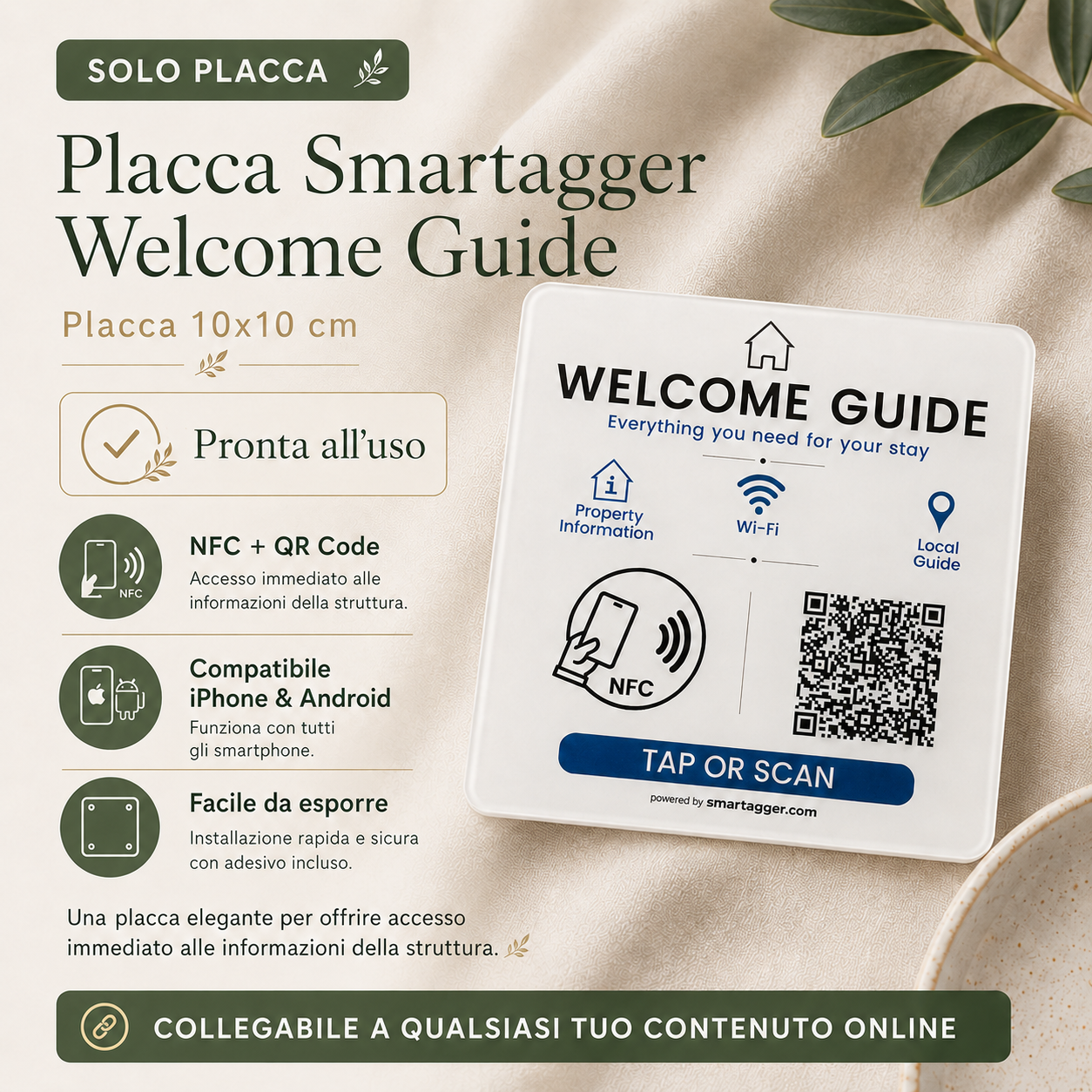 Placca Smartagger Welcome Guide 10x10cm – NFC & QR Code – iPhone & Android